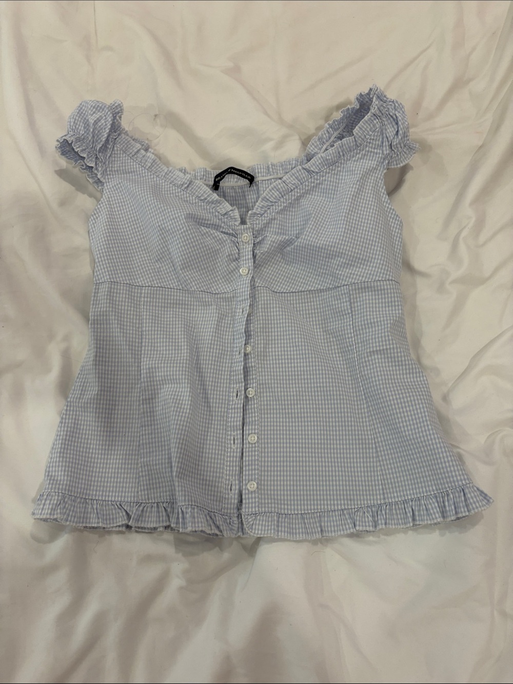 Brandy Melville Light Blue Gingham Button-Front Ruffle Top